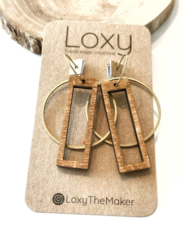 Wood rectangles and brass circles on hoops