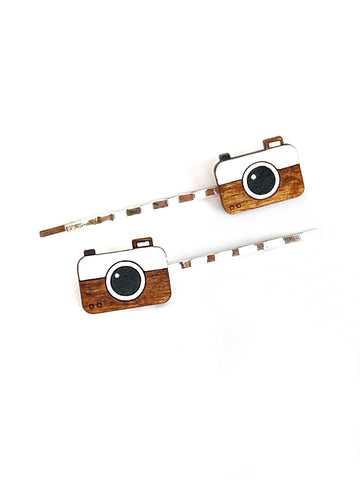 Wood - cameras - hair clips