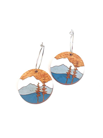 Wood dangles - mountainscape with tree on hoops