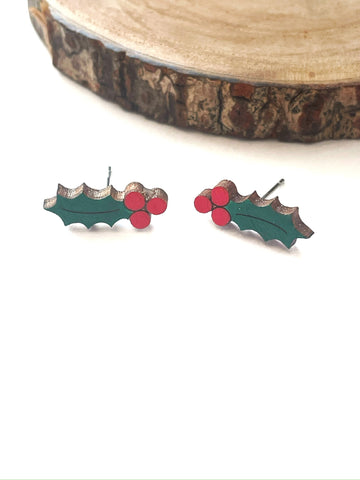 Christmas wood studs - holly