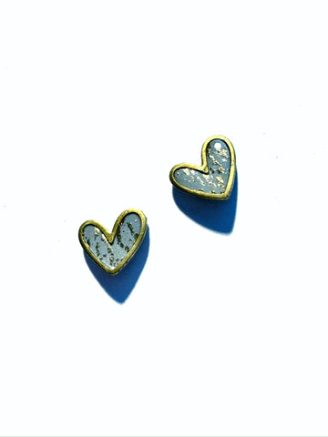 Blue grey & gold flecks - heart studs