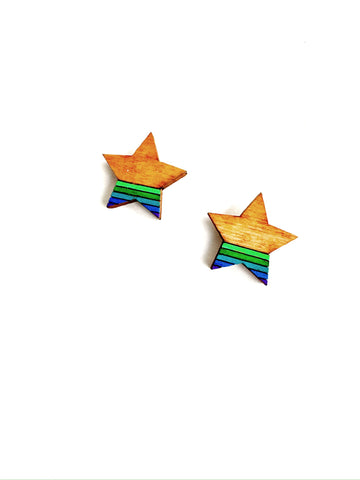 Wood - blue-green star studs