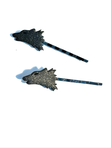 Black sparkle howl wolf hair pins