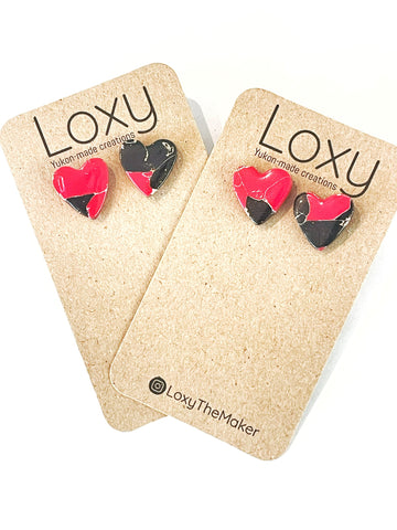 Red and black marble - heart studs